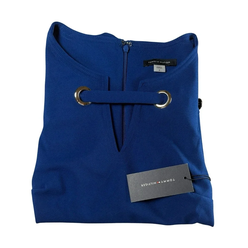 TOMMY HILFIGER Dress Womens 2 Blue Scuba Sheath Grommet Neck  NWT